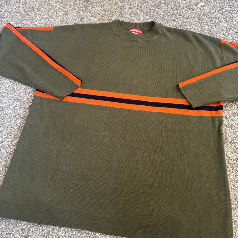 y2k Unionbay Mens Olive Green Striped Knit Sweater Baggy LongSleeve Gorp Small